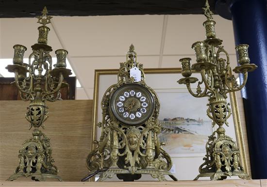 A French cast brass clock garniture height 59cm